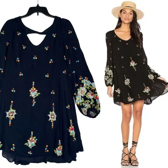 Free People Oxford embroidered swing dress black colorful floral embroidery EUC - Picture 2 of 10